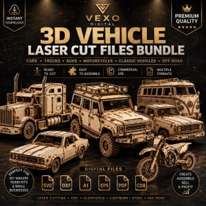 Può includere: Un set digitale di file per taglio laser di veicoli in 3D con modelli in legno di autoarticolato, SUV, furgone, pick-up, berlina e motocicletta. L'immagine include etichette di testo per i formati file SVG, DXF, AI, EPS, PDF e CDR.