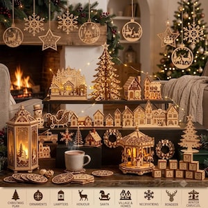 Mega jul laserskurna filer SVG DXF bunt, 3D trä julprydnader, lyktor julkrubba vektorer för Glowforge, xTool, Lightburn