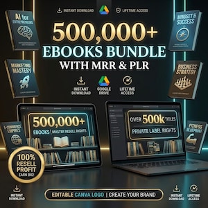 Puede incluir: Un paquete digital de 500,000+ libros electrónicos con MRR y PLR, que incluye una tableta y una computadora portátil con gráficos de biblioteca, rodeados de portadas de libros tituladas AI for Entrepreneurs, Marketing Mastery, Mindset & Success, Business Strategy y Fitness Blueprint.