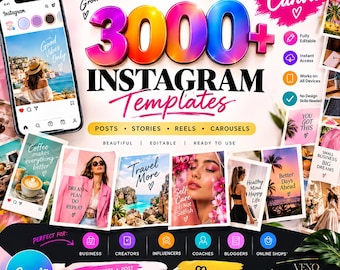 May include: A digital marketing bundle featuring 3000+ Instagram templates for posts, stories, reels, and carousels. The graphic includes the Vexo Studio logo, Canva branding, and various lifestyle imagery examples. Text includes Create Engage Grow, Edit in Canva, and Lifetime Access.