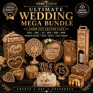 May include: A digital collection of laser cut vector files titled Ultimate Wedding Mega Bundle, featuring designs for wooden boxes, signs, and cake toppers. The display shows various items including a card box, heart tree, and wine box.