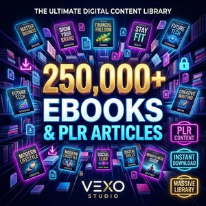 Op de afbeelding: Een digitale afbeelding met de tekst THE ULTIMATE DIGITAL CONTENT LIBRARY, 250,000+ EBOOKS & PLR ARTICLES en VEXO STUDIO. Het toont diverse boekomslagen met neon-omlijningen, waaronder titels zoals MASTER BUSINESS, FINANCIAL FREEDOM en STAY FIT.