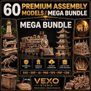 60 Premium 3D Assembly Models Laser Cut Files Mega Bundle | CDR DXF Vector Patterns | Puzzle, Gift Boxes & Wooden Construction Templates