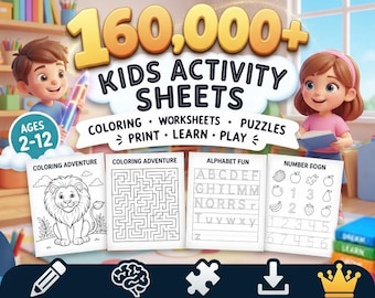 May include: A digital product bundle featuring 160,000+ kids activity sheets including colouring pages, worksheets, and puzzles for ages 2-12. The display shows four sample sheets with a lion, a maze, alphabet letters, and numbers.