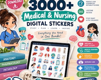 May include: A digital sticker bundle featuring 3000+ medical and nursing graphics. The display shows a tablet screen with various anatomical, clinical, and professional icons. Includes text labels like Anatomy, Pharmacology, Pathology, and Nursing.