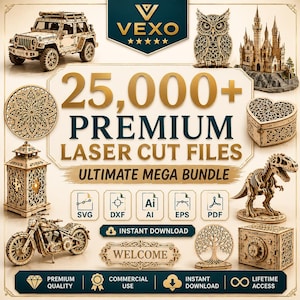 Peut inclure: Une publicité numérique pour 25 000+ fichiers de découpe laser premium, le Ultimate Mega Bundle de Vexo. L'image présente divers modèles en bois découpés au laser, notamment une jeep, un hibou, un château, un mandala, une boîte cœur et un dinosaure.