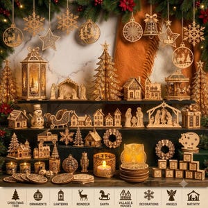 Può includere: Una collezione di decorazioni natalizie in legno tagliate al laser che include ornamenti appesi, una lanterna, un presepe, un albero, casette, un pupazzo di neve, una slitta, una ghirlanda, un salvadanaio e blocchi alfabetici.
