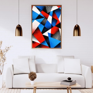 Può includere: Stampa artistica geometrica astratta con forme rosse, blu, nere e bianche e un motivo a punti mezzitoni. L'opera d'arte è incorniciata in una cornice di legno e appesa a un muro di mattoni bianchi.