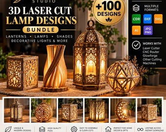 May include: A digital bundle of 3D laser cut lamp designs from Vexo Studio, featuring various wooden lantern and lamp styles. The graphic displays multiple illuminated lamp examples, file format icons, and text including 3D LASER CUT LAMP DESIGNS.