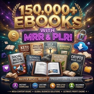 Op de afbeelding: Een digitale collectie van 150.000+ e-books met MRR- en PLR-rechten. De afbeelding toont diverse boekomslagen met titels als Social Media Marketing, Keto to District, Affiliate Marketing Success, Self Improvement, Blogging for Profit, Business Strategies, Healthy Living en Crypto Made Easy, met een open boek in het midden.