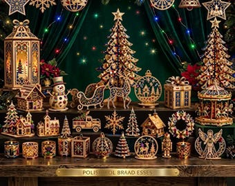 Könnte beinhalten: Eine Sammlung lasergeschnittener Holz-Weihnachtsdekorationen, darunter zwei große Bäume, eine Laterne, ein Karussell, ein Schneemann, ein Schlitten, ein Rentier, Häuser, Geschenkboxen und verschiedene Anhänger. Der Text POLISHIROL BRAAD ESSES ist sichtbar.