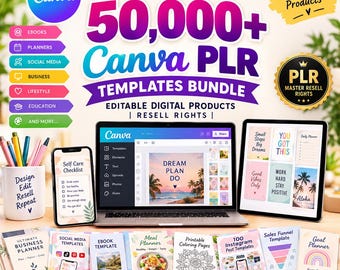 May include: A digital product bundle featuring 50,000+ Canva PLR templates, including ebooks, planners, and social media graphics. The display shows a laptop and tablet with design interfaces, a mug with text, and various printed template covers.