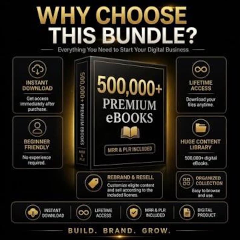 May include: A black digital product bundle graphic titled 500,000+ PREMIUM EBOOKS with MRR & PLR INCLUDED. The design features gold text and icons highlighting features like instant download, lifetime access, beginner friendly, and rebrand & resell.