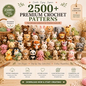 Peut inclure: Une collection numérique de plus de 2500 modèles de crochet premium présentant de nombreuses petites figurines en peluche colorées, notamment des ours, des lapins, des éléphants et des girafes. L'image contient des textes pour le téléchargement immédiat.