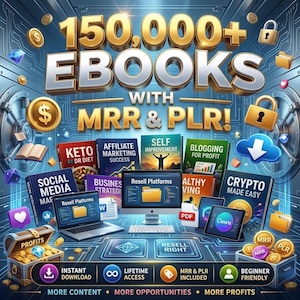 以下が含まれることがあります： 150,000+ EBOOKS WITH MRR & PLR!というテキストが中央に配置され、その周囲に様々な書籍の表紙、コンピュータモニター、ノートパソコン、タブレット、金貨、南京錠、宝箱が描かれた、青い回路基板模様の背景を持つデジタルグラフィック。