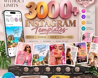 May include: A digital marketing bundle featuring 3000+ Instagram templates for posts, stories, reels, and carousels. The graphic includes a smartphone displaying an Instagram feed, various sample images, and text elements like Design Without Limits and Edit in Canva.