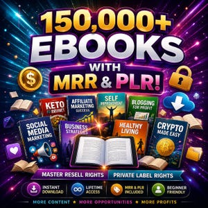 Puede incluir: Una colección digital de más de 150,000 libros electrónicos con derechos MRR y PLR. La imagen muestra varias portadas de libros tituladas Social Media Marketing, Keto Diet, Affiliate Marketing, Self Improvement, Blogging, Business Strategies y Crypto Made Easy.