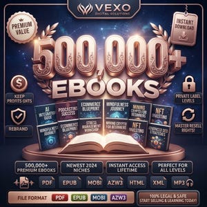 Può includere: Un grafico digitale con il testo 500,000+ EBOOKS in oro rosa, centrato sopra un libro aperto circondato da copertine di libri più piccole intitolate AI Integration Guide, Podcasting Success, Ecommerce Blueprint e NFT Investing su una piattaforma.