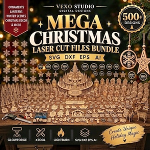 Może przedstawiać: Cyfrowy pakiet projektowy zatytułowany Mega Christmas Laser Cut Files Bundle zawierający ponad 500 wzorów, w tym ozdoby, latarnie i zimowe sceny. Obraz przedstawia różne wycinane laserowo drewniane kształty, suwmiarkę cyfrową oraz formaty plików takie jak SVG, DXF, EPS i AI.