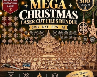 May include: A digital design bundle titled Mega Christmas Laser Cut Files Bundle by Vexo Studio, featuring 500+ SVG, DXF, EPS, and AI files for ornaments, lanterns, and winter scenes. Includes a digital calliper and various wooden laser-cut models.