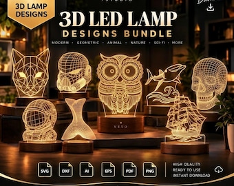 May include: A digital bundle of 190 3D LED lamp designs by Vexo Studio. The image displays various illuminated wireframe-style acrylic lamp shapes including a cat, helmet, owl, dolphin, skull, astronaut, mermaid tail, and a sailing ship.