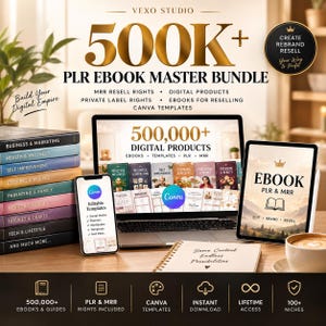 May include: A digital product bundle featuring a laptop, smartphone, and tablet displaying 500,000+ PLR ebooks, Canva templates, and MRR resell rights. A stack of books labelled Business, Health, and Fashion sits beside a notebook with the text Same Content Endless Possibilities.