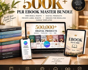 May include: A digital product bundle featuring a laptop, smartphone, and tablet displaying 500,000+ PLR ebooks, Canva templates, and MRR resell rights. A stack of books labelled Business, Health, and Fashion sits beside a notebook with the text Same Content Endless Possibilities.