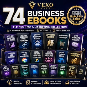 Op de afbeelding: Een digitale collectie van 74 zakelijke e-books genaamd Vexo Studio PLR Business & Marketing Collection. De afbeelding toont rijen boekomslagen met titels zoals Affiliate Marketing for Newbies, Chatbot Marketing Mastery en Copywriting Expertise.