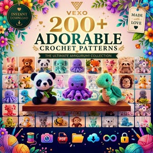 Peut inclure: Une collection numérique de 200+ modèles de crochet intitulée VEXO, présentant une grille de divers animaux amigurumi comme un panda, une pieuvre et un dinosaure. Le design inclut des bordures florales, des pelotes et des icônes.