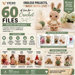Può includere: Un pacchetto digitale di 60 schemi per uncinetto di Vexo Studio, con una bambola coniglio beige all'uncinetto con un fiocco verde, vari giocattoli amigurumi come orsi e polpi, portachiavi e bambole, presentati con testo didattico e anteprime.