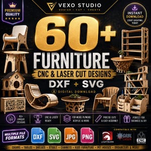 Puede incluir: Una colección digital de más de 60 diseños de muebles para corte CNC y láser en formatos DXF y SVG. La imagen muestra varios muebles de madera, incluyendo sillas, mesas, estantes, armarios y casas para mascotas, con etiquetas de texto que indican compatibilidad con LightBurn, GRBL y máquinas CNC.