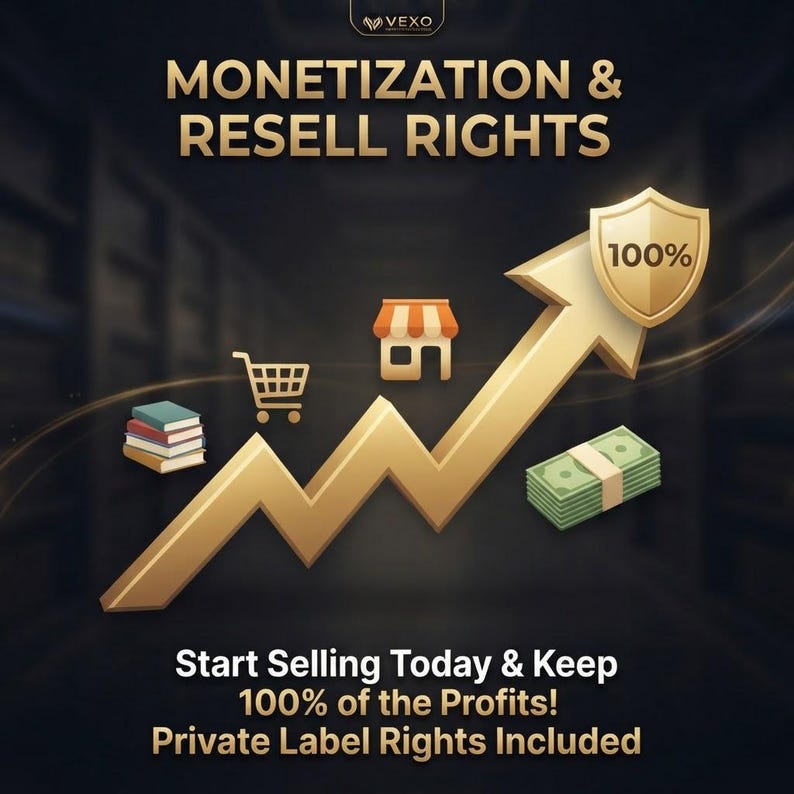 May include: A graphic featuring the text MONETIZATION & RESELL RIGHTS, a gold upward-trending arrow with a 100% shield icon, a stack of books, a shopping cart, a storefront icon, and a stack of cash, with the text Start Selling Today & Keep 100% of the Profits! Private Label Rights Included.
