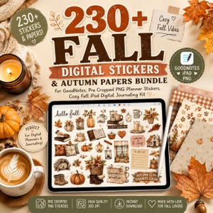 Può includere: Un pacchetto digitale con oltre 230 adesivi autunnali e carte per GoodNotes, visualizzato su uno schermo iPad. La collezione include illustrazioni di zucche, foglie, candele, baite accoglienti e stivali, con testo sovrapposto.