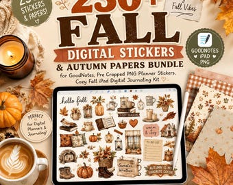 May include: A digital bundle featuring 230+ autumn digital stickers and papers for GoodNotes, displayed on an iPad screen. The collection includes illustrations of pumpkins, leaves, candles, cosy cabins, and boots, with text overlays.
