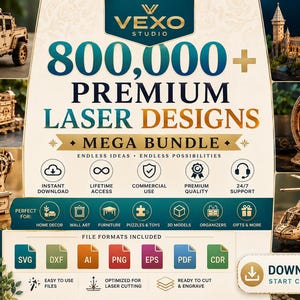 Può includere: Un annuncio digitale per un mega pacchetto Vexo Studio con oltre 800.000 design laser. La grafica mostra vari modelli in legno tagliati al laser, tra cui una jeep, un treno, una macchina da cucire, un castello, una lampada circolare e un elicottero.