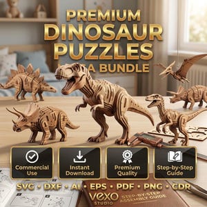 Può includere: Una collezione di puzzle di dinosauri in legno tagliati al laser, tra cui un T-Rex, un Triceratopo e uno Pterodattilo. L'immagine presenta il testo PREMIUM DINOSAUR PUZZLES MEGA BUNDLE, Commercial Use, Instant Download, Premium Quality e Step-by-Step Guide.