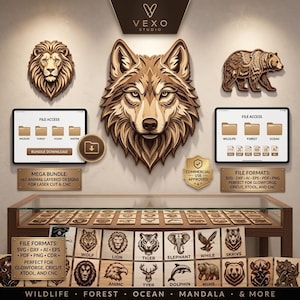 Puede incluir: Un paquete de productos digitales con diseños de animales en capas estilo madera, incluyendo un lobo, un león y un oso. La pantalla muestra carpetas de acceso a archivos, iconos de formato para SVG, DXF, AI, EPS, PDF y PNG.