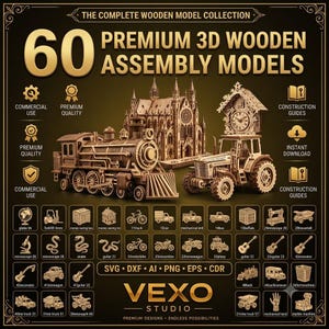 Può includere: Una collezione digitale di 60 modelli di assemblaggio 3D in legno premium che include una locomotiva a vapore, una cattedrale gotica e un trattore con orologio. Il grafico include etichette di testo, icone e una griglia di miniature di modelli.
