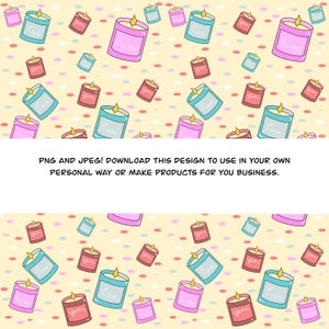 May include: A repeating pattern of cartoon candles in pink, blue, and red with yellow flames. The candles have labels that say "Love", "Happy", and "Yum". The background is a light yellow with small, colourful polka dots. The text at the bottom says "PNG and JPEG! Download this design to use in your own personal way or make products for your business."