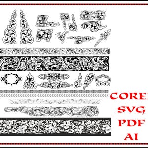 Puede incluir: Gráficos vectoriales en blanco y negro de diseños florales y de desplazamiento ornamentados. Incluye bordes, elementos decorativos y las palabras "COREL SVG PDF AI" en rojo.