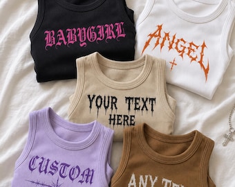 Personalised Heavy Metal Tight Crewneck Crop Tank Top With Gothic Personalised DTG Printed Text