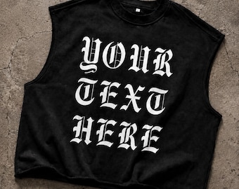 Personalisiertes Heavy Metal French Terry Boxy Tank Top mit gotischem personalisiertem DTG gedrucktem Text