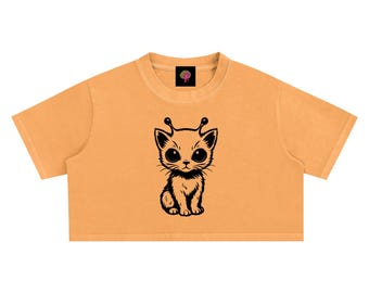 High End Quality Snow Wash Alien Cat Baby Tee | Y2K Graphic Crop Top