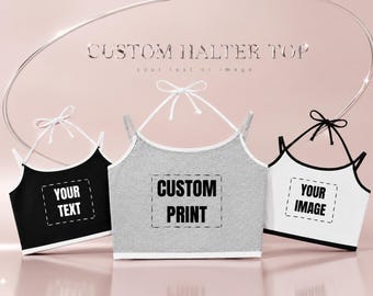 Top corto estilo halter Y2K personalizado: Camiseta sin espalda de algodón personalizada (impresión DTG)