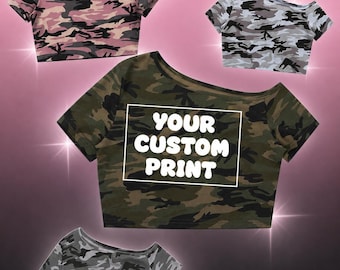 Custom Women's Camo Off-Shoulder Crop T-Shirt - y2k Trending Personalised Tee Top