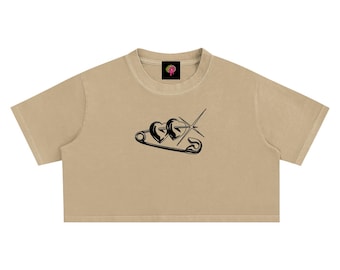 High End Quality Snow Wash Crop Top: Paperclip Heart Graphic, Y2K Cotton Tee