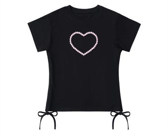 High End Quality Y2K Beaded Heart Crop Top – Drawstring Cotton Graphic Tee