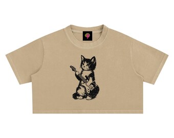 High End Quality Rockstar Kitten Baby Tee, Vintage Grunge Cat Guitar T-Shirt