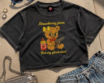 High End Quality Y2K Sarcastic Teddy Bear Crop Top | Snow Washed Graphic Baby Tee