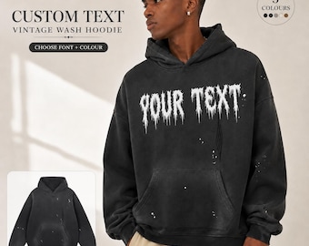 Personalised Heavy Metal Vintage Washed Frayed Fleece Hoodie with Gothic Personalised DTG Printed Text